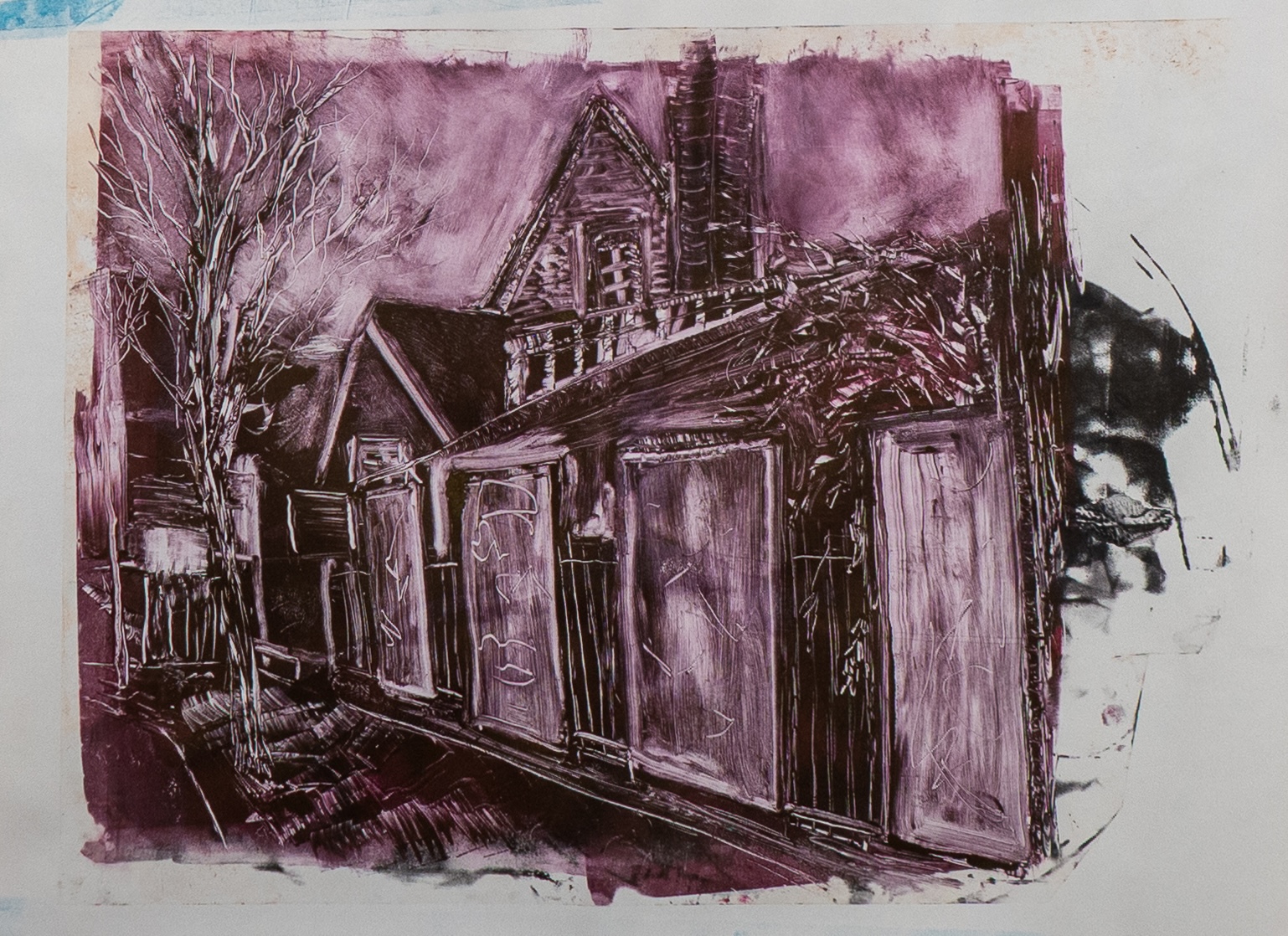 Study of Hawley Infants' School playground fading away. Monoprint on paper.